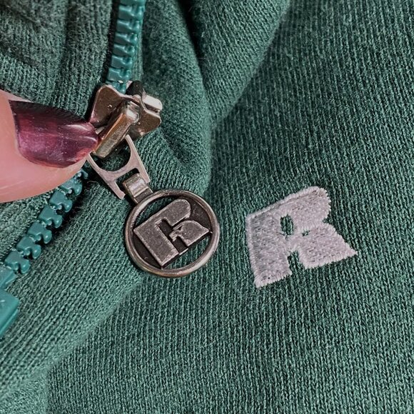 Vintage Russell Athletic Womens Green sleeve stripes Full-Zip short sweatshirt L - Picture 2 of 11